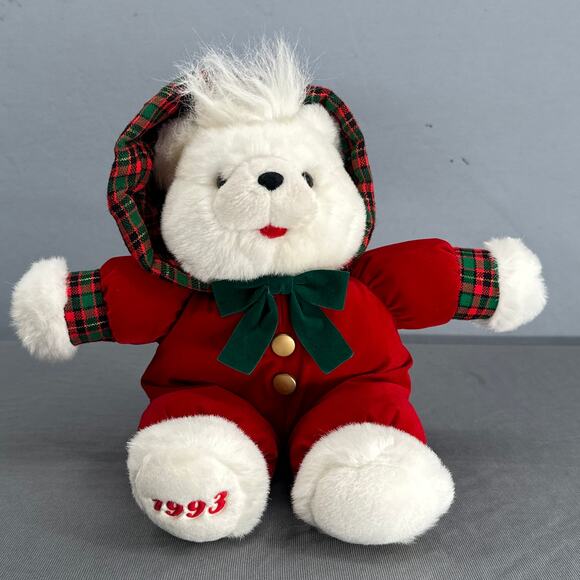 VTG 1993 Kmart Christmas Bear Plush Red Velvet Green Bow Plaid Stuffed Toy Retro - Picture 1 of 16